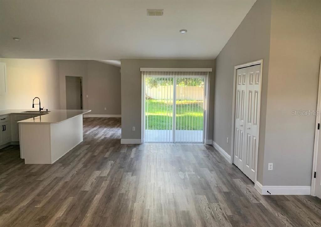 Empty room, Interior, Kitchen, Recessed Lighting, Wood Texture Flooring