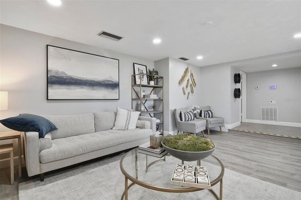 Interior, Living room, Recessed Lighting, Wood Texture Flooring