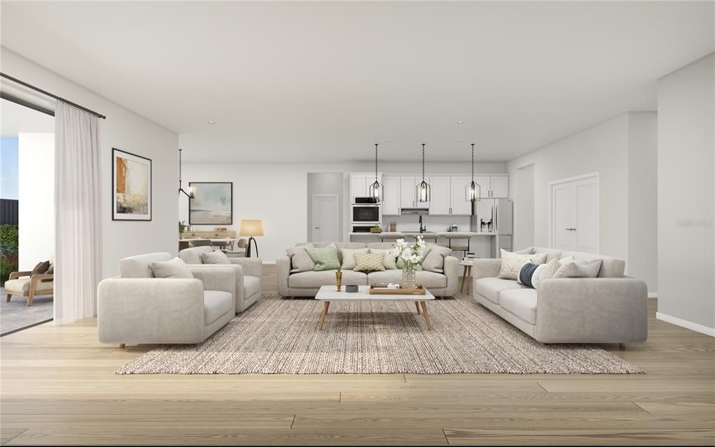 Dining room, Interior, Kitchen, Living room, Pendant Lights, Stainless Steel Appliances, Wood Texture Flooring