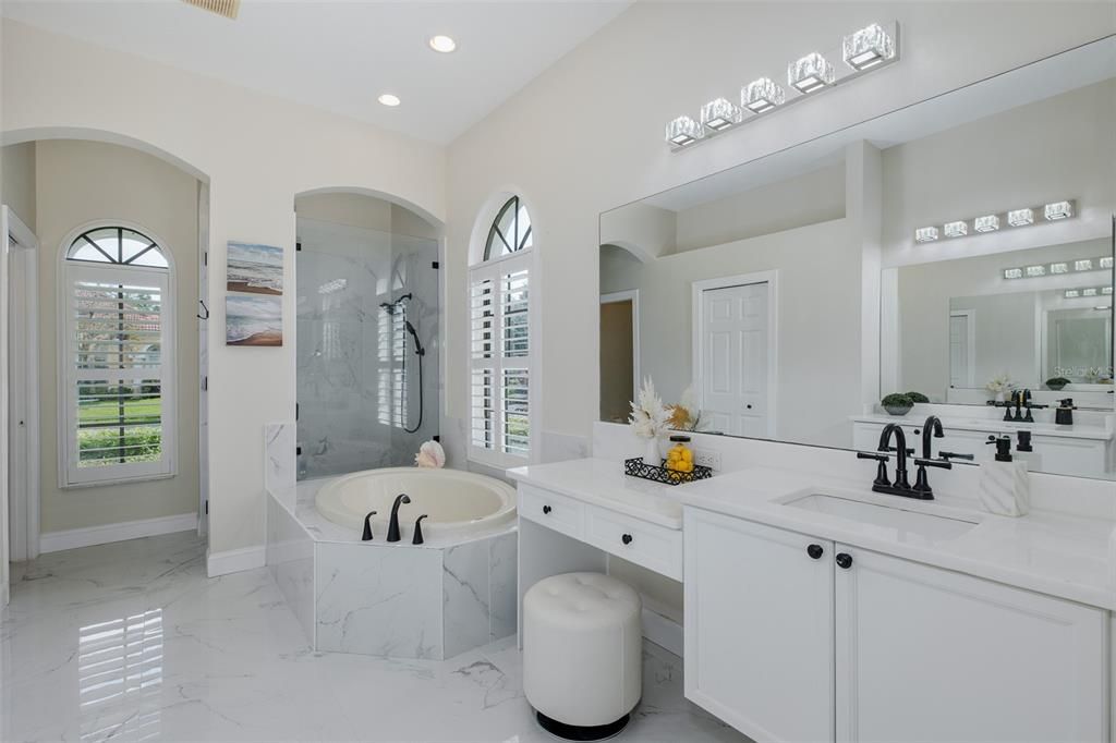 Bathroom, Dual Sink Vanities, Glass Shower, Interior, Marble, Recessed Lighting