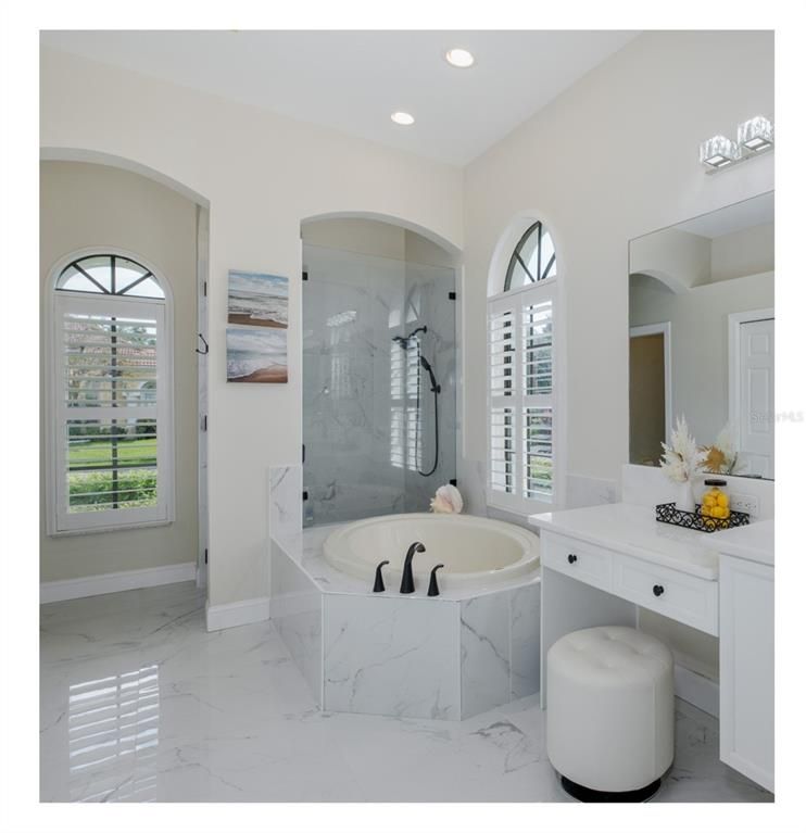 Bathroom, Glass Shower, Interior, Marble, Marble Walls, Recessed Lighting