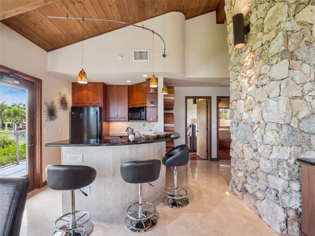 Interior, Kitchen, Pendant Lights, Recessed Lighting, Stone Walls, Wooden Ceilings