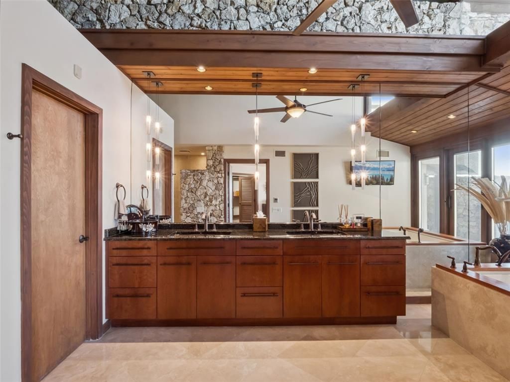 Bathroom, Dual Sink Vanities, Interior, Pendant Lights, Recessed Lighting, Wooden Ceilings