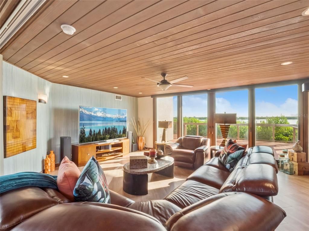 Interior, Living room, Recessed Lighting, Water, Wooden Ceilings, Wood Texture Flooring