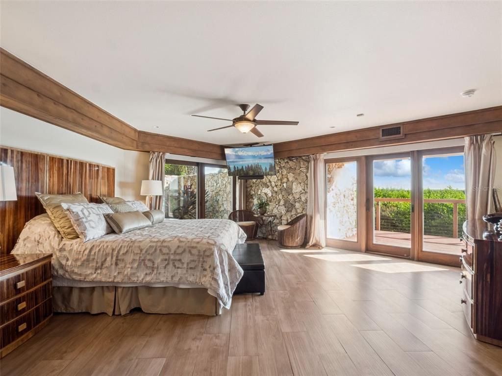 Bedroom, Interior, Recessed Lighting, Stone Walls, Wood Texture Flooring