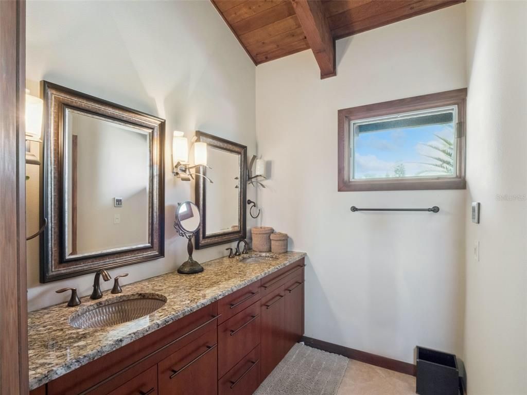 Bathroom, Dual Sink Vanities, Interior, Wooden Beams, Wooden Ceilings