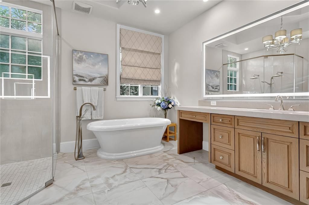 Bathroom, Dual Sink Vanities, Free Standing Baths, Glass Shower, Interior, Marble, Recessed Lighting