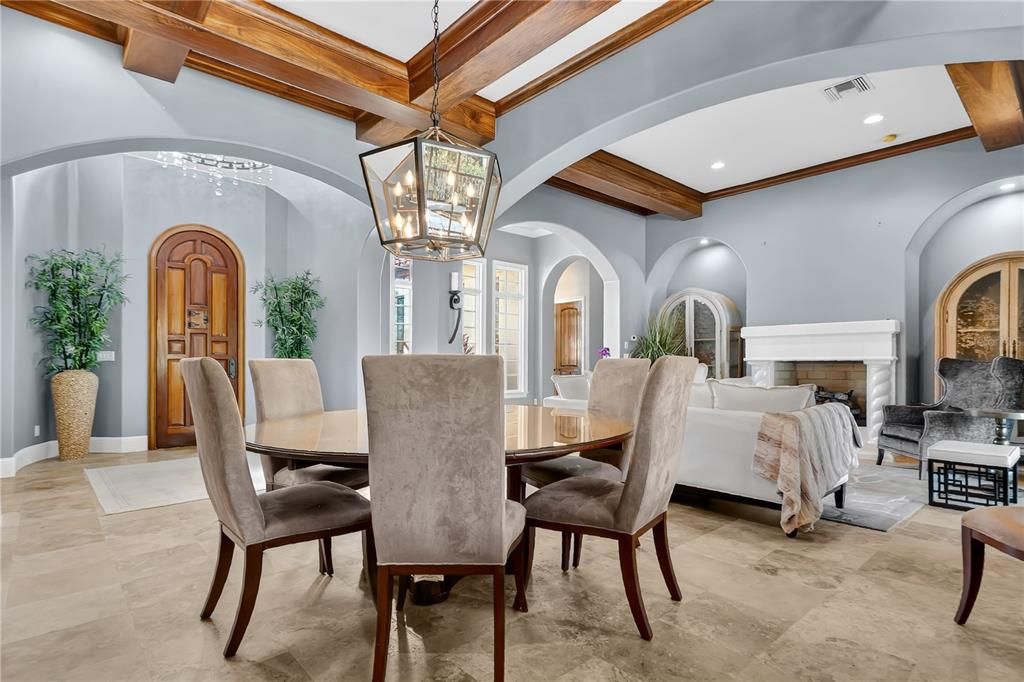 Dining room, Fireplace, Interior, Living room, Pendant Lights, Recessed Lighting, Wooden Beams