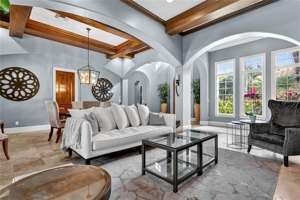 Dining room, Interior, Living room, Pendant Lights, Recessed Lighting, Wooden Beams