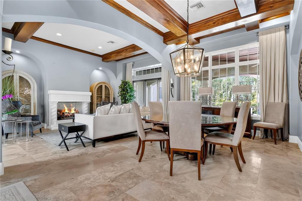 Dining room, Fireplace, Interior, Living room, Pendant Lights, Recessed Lighting, Wooden Beams