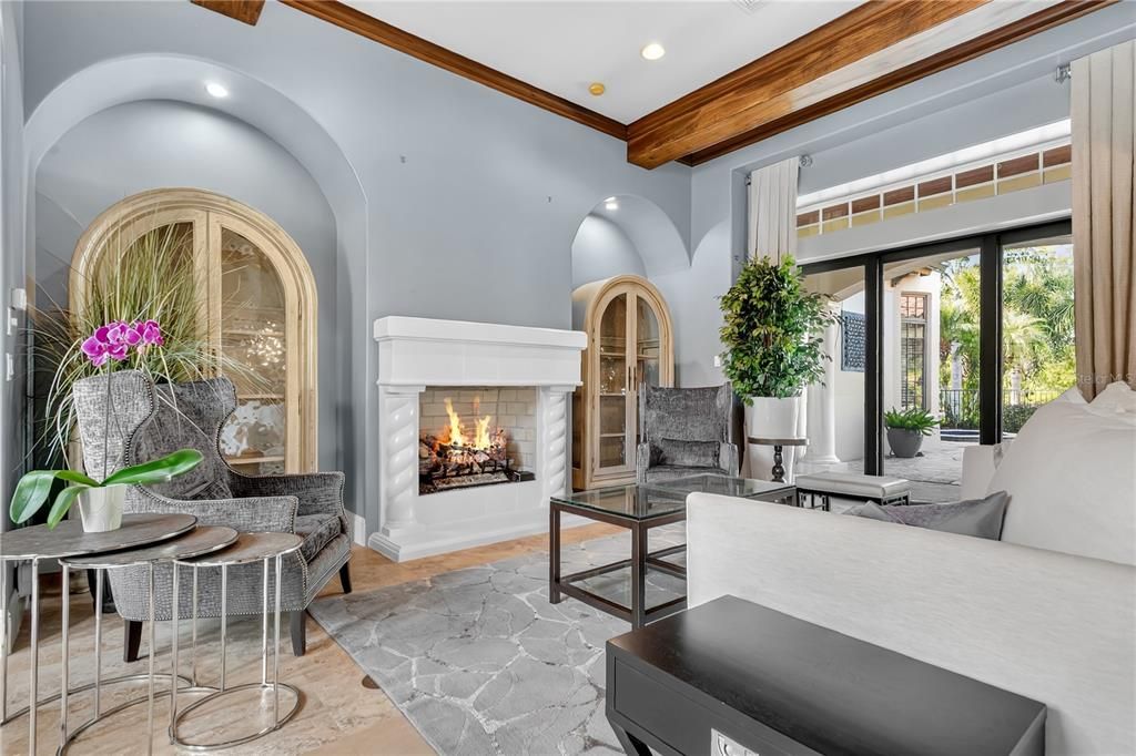 Fireplace, Interior, Living room, Recessed Lighting, Wooden Beams