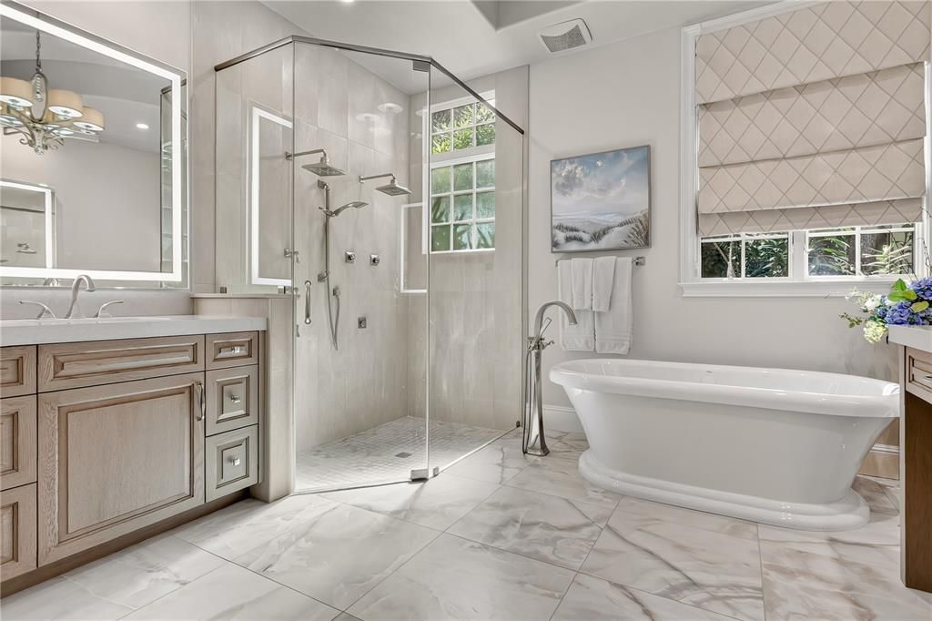 Bathroom, Free Standing Baths, Glass Shower, Interior, Marble, Recessed Lighting