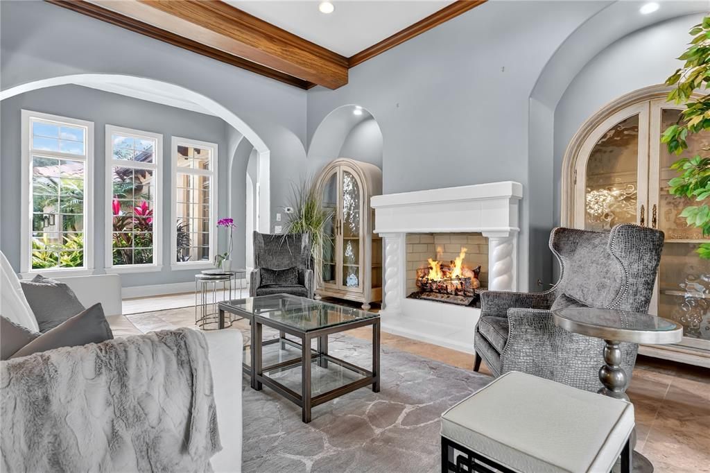 Fireplace, Interior, Living room, Recessed Lighting, Wooden Beams