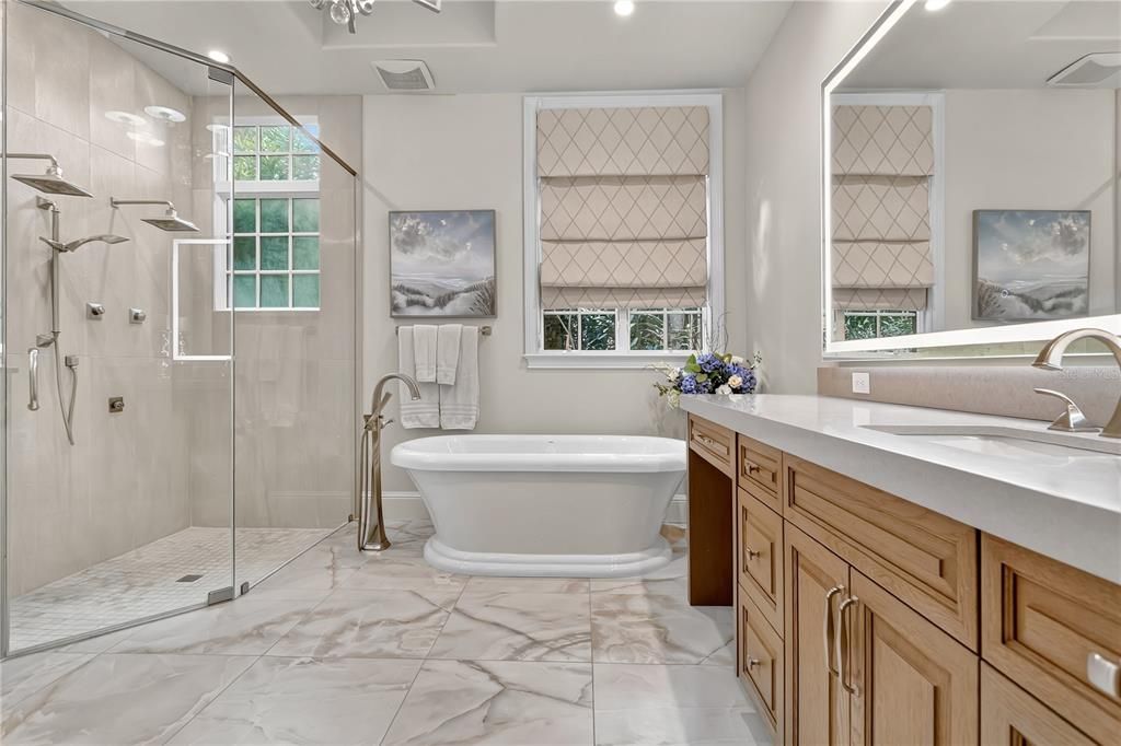 Bathroom, Free Standing Baths, Glass Shower, Interior, Marble, Recessed Lighting