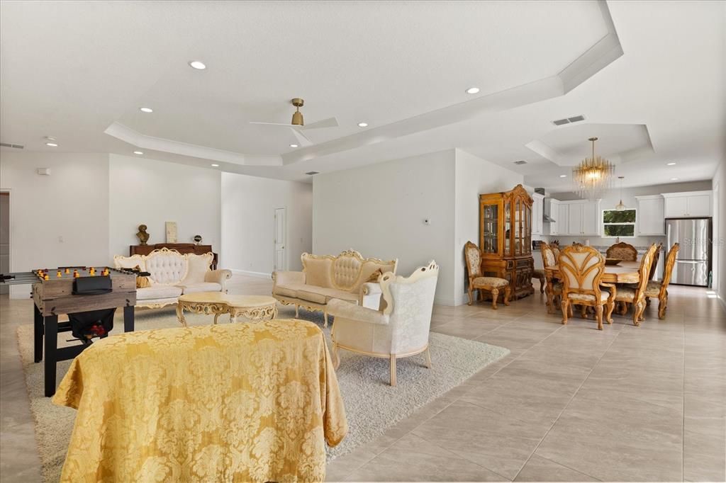 Chandelier, Dining room, Interior, Kitchen, Living room, Recessed Lighting, Stainless Steel Appliances