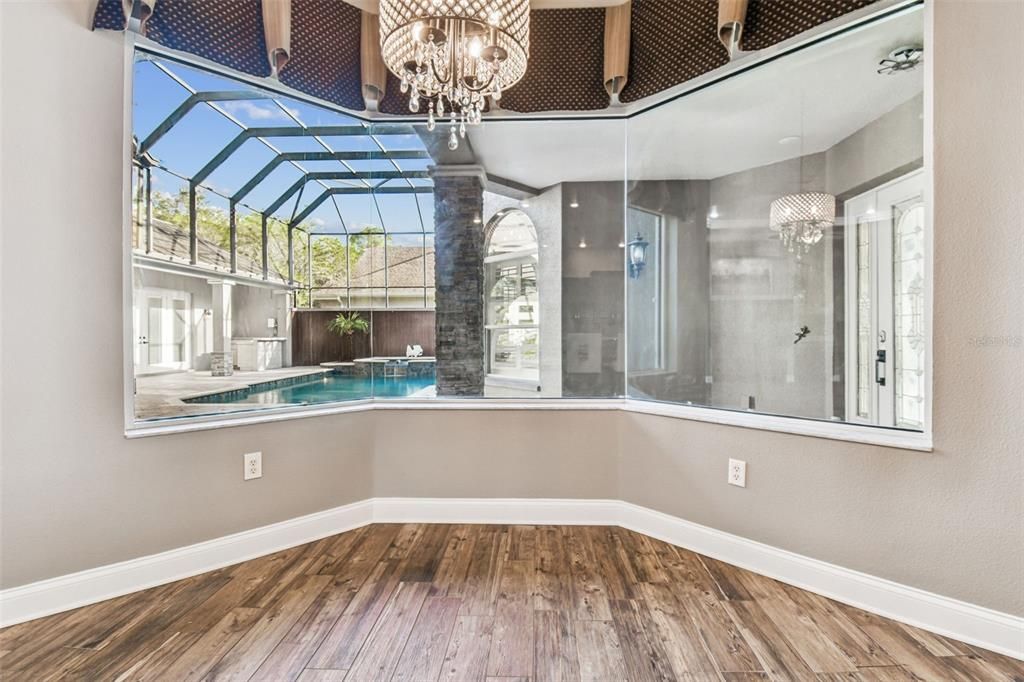 Chandelier, Glass Ceilings, Interior, Pool, Sun Room, Wood Texture Flooring