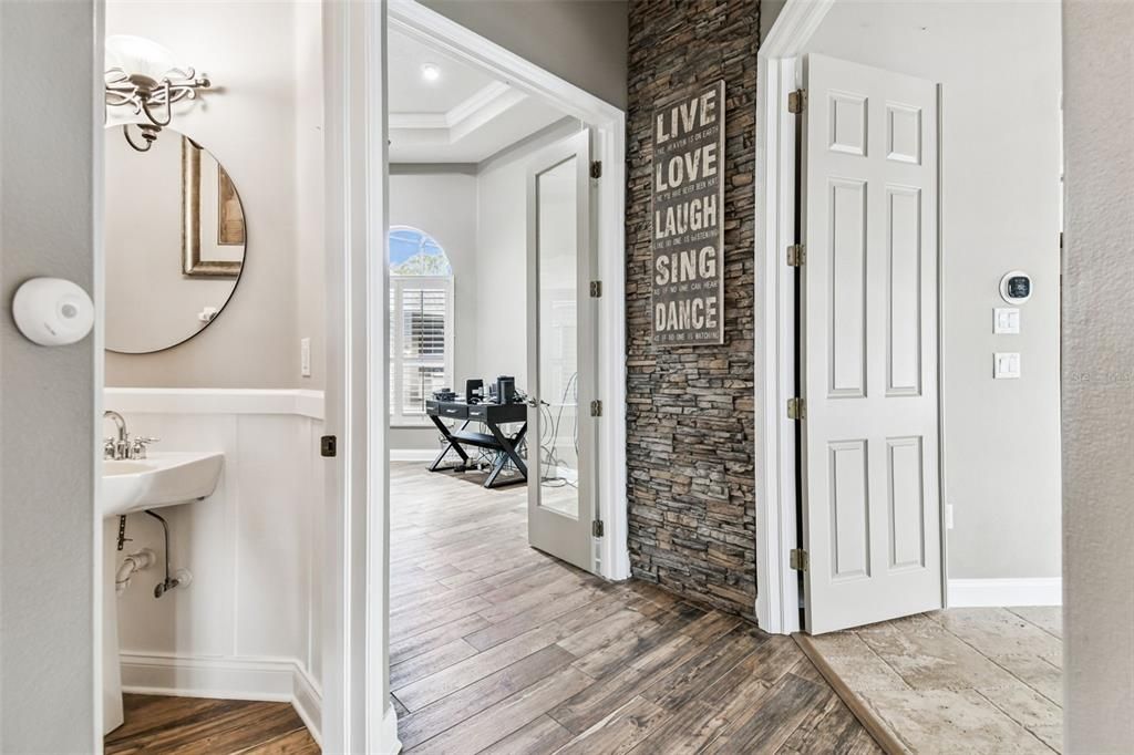 Bathroom, Interior, Recessed Lighting, Stone Walls, Wood Texture Flooring