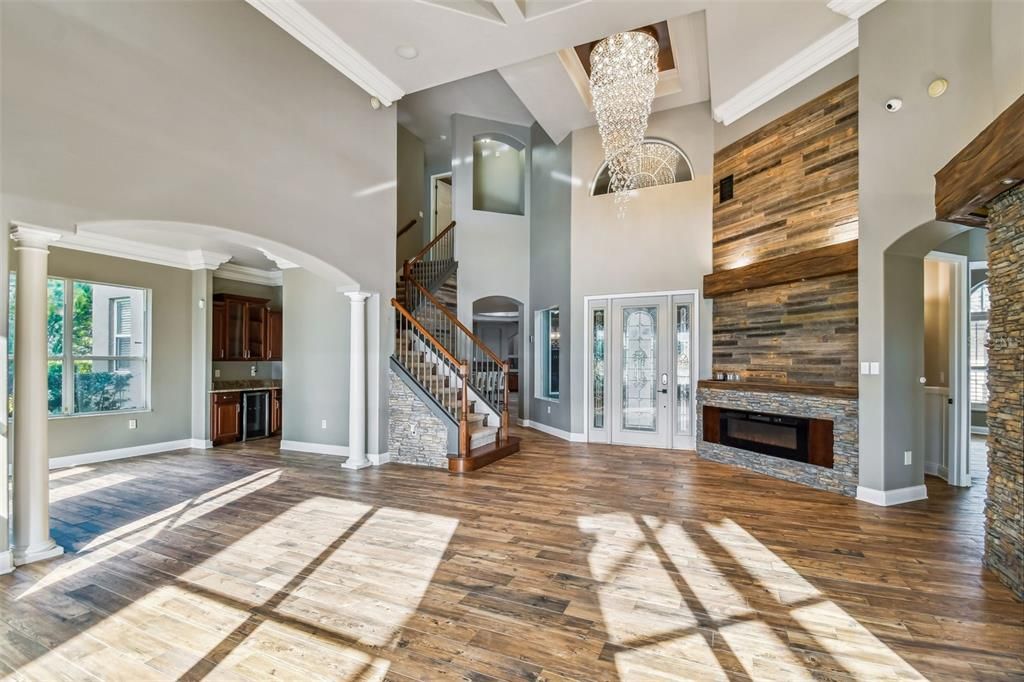 Fireplace, Interior, Recessed Lighting, Wood Texture Flooring, Wooden Walls