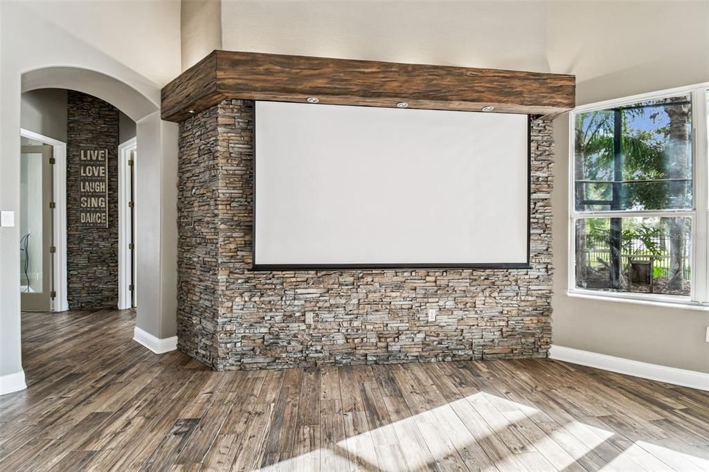 Empty room, Fireplace, Interior, Stone Walls, Wood Texture Flooring
