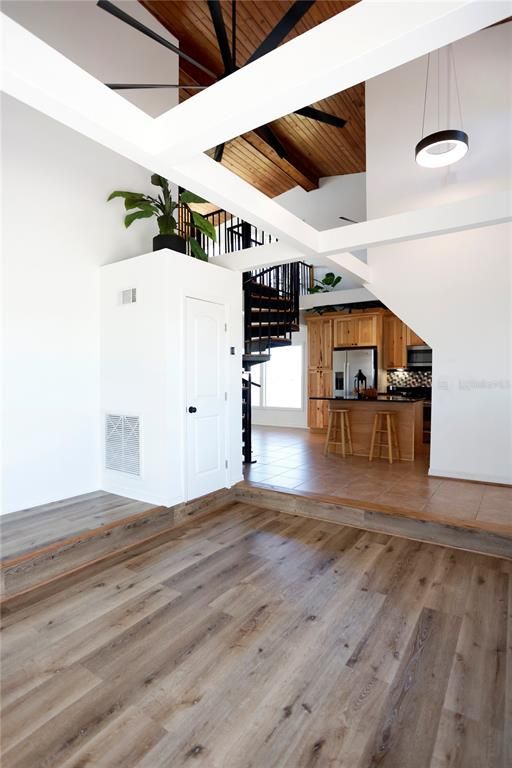 Empty room, Interior, Kitchen, Pendant Lights, Wooden Beams, Wooden Ceilings, Wood Texture Flooring, Wooden Walls