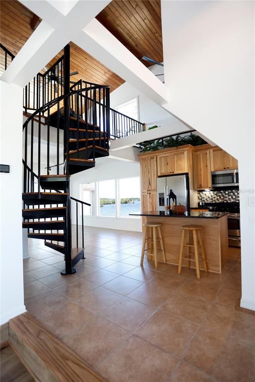 Interior, Kitchen, Stainless Steel Appliances, Water, Wooden Ceilings