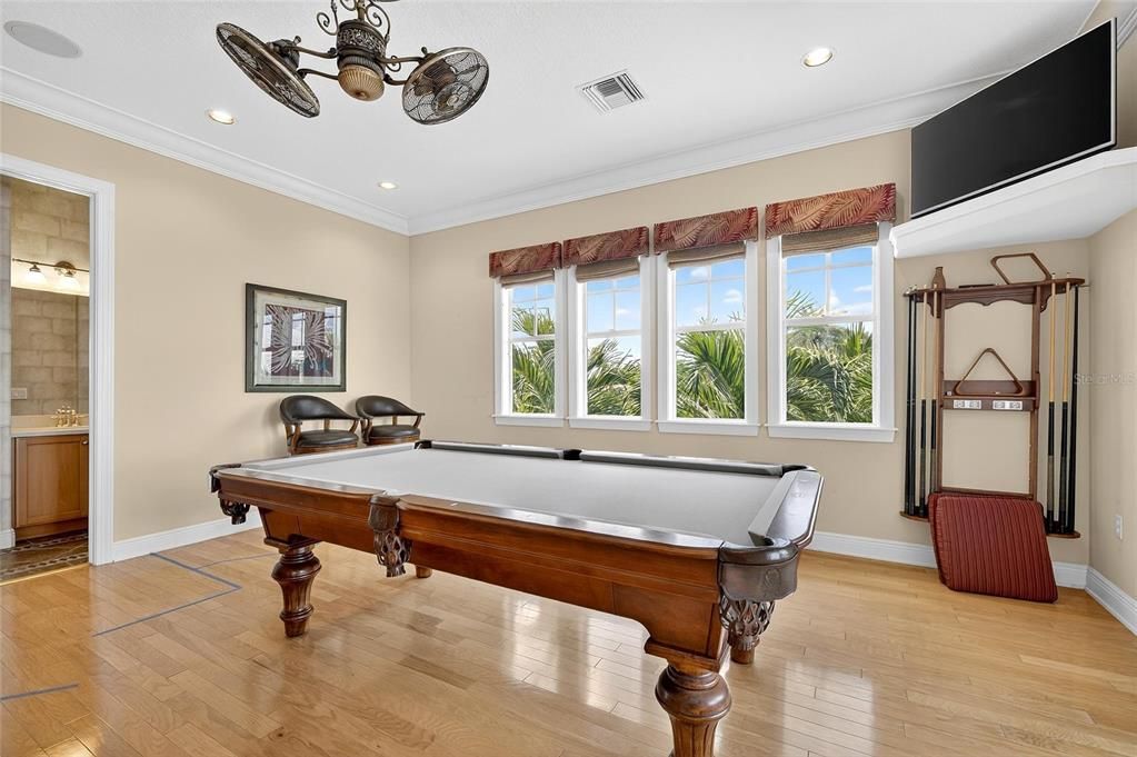 Billiard Table, Game Room, Interior, Recessed Lighting, Wood Texture Flooring