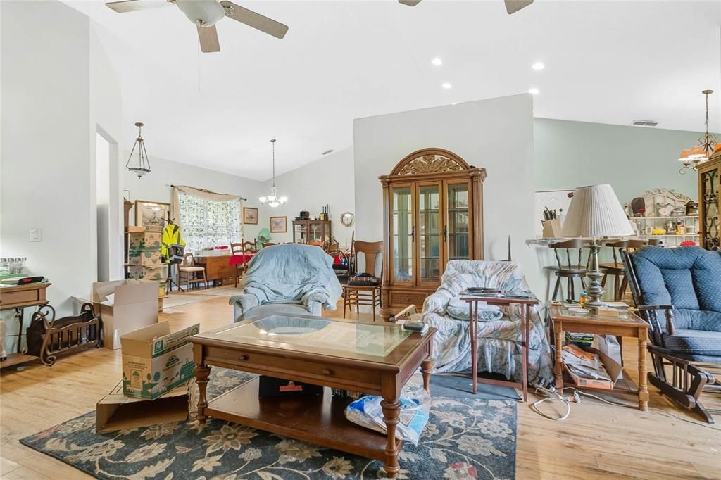 Dining room, Interior, Living room, Pendant Lights, Recessed Lighting, Wood Texture Flooring