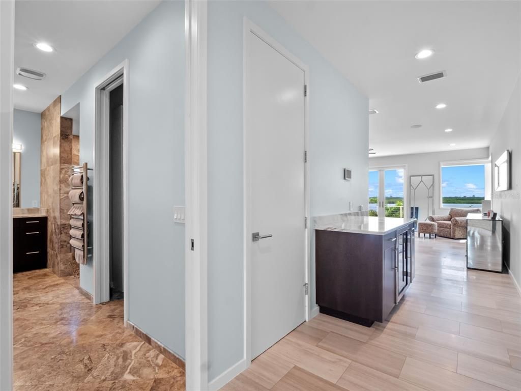 Bathroom, Interior, Living room, Recessed Lighting, Water, Wood Texture Flooring