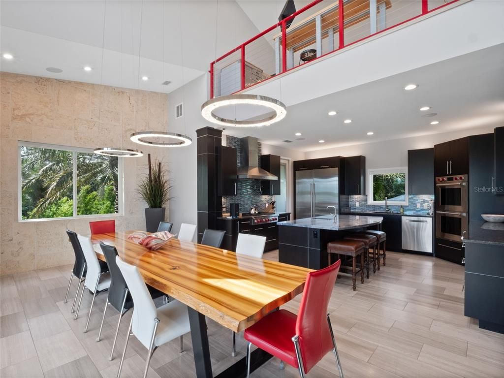 Dining room, Interior, Kitchen, Pendant Lights, Recessed Lighting, Stainless Steel Appliances, Wood Texture Flooring