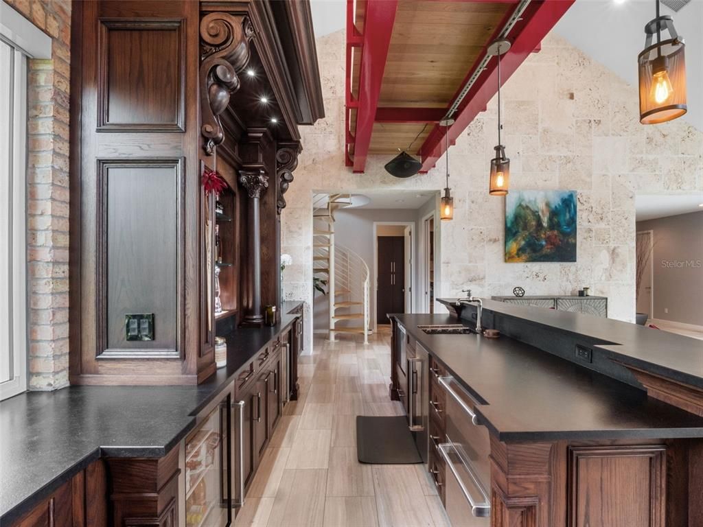 Interior, Kitchen, Pendant Lights, Stainless Steel Appliances, Stone Walls, Wood Texture Flooring