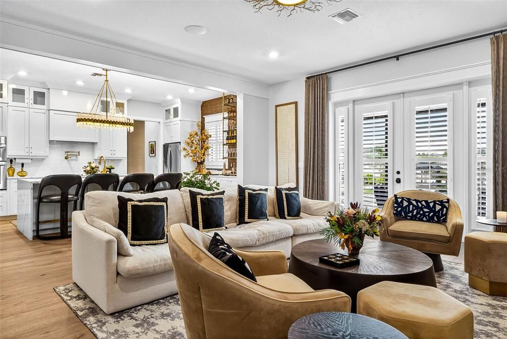 Chandelier, Interior, Kitchen, Living room, Recessed Lighting, Wood Texture Flooring