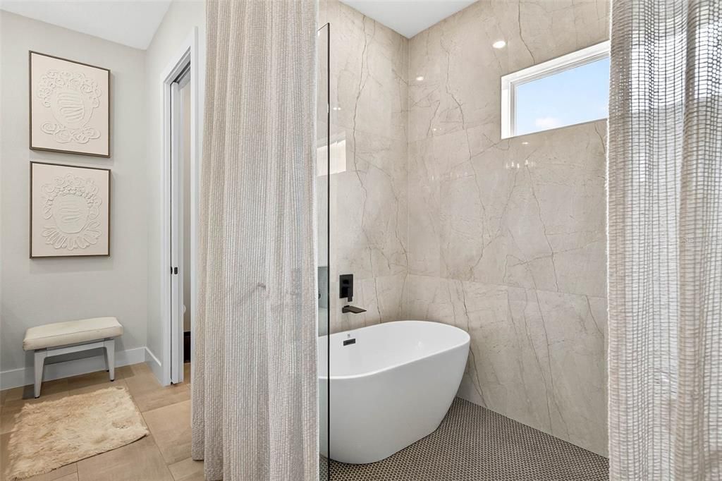 Bathroom, Free Standing Baths, Interior, Marble Walls, Recessed Lighting