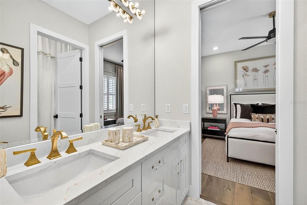 Bathroom, Bedroom, Dual Sink Vanities, Interior, Recessed Lighting, Wood Texture Flooring