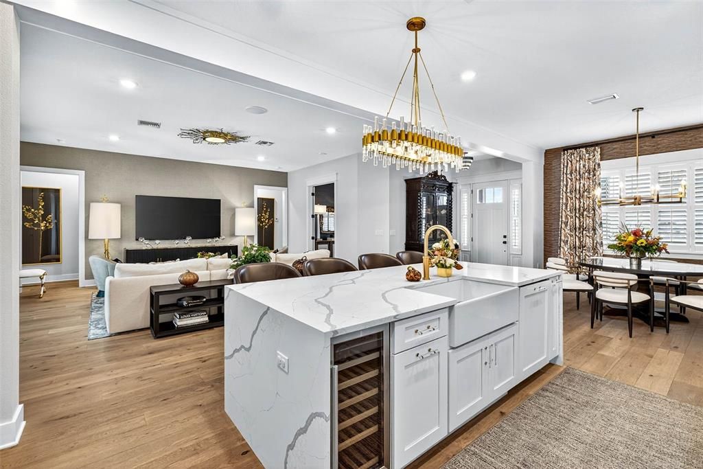 Chandelier, Dining room, Interior, Kitchen, Living room, Pendant Lights, Recessed Lighting, Wood Texture Flooring