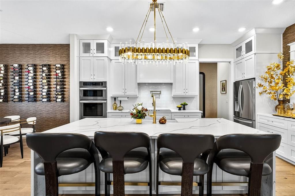 Interior, Kitchen, Pendant Lights, Recessed Lighting, Stainless Steel Appliances, Wine Storage, Wood Texture Flooring