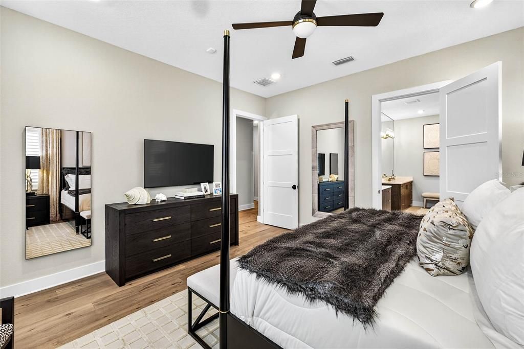 Bedroom, Interior, Recessed Lighting, Wood Texture Flooring