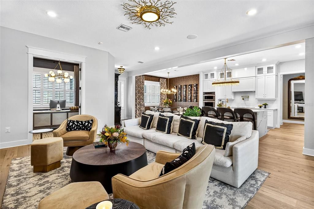 Chandelier, Dining room, Interior, Kitchen, Living room, Pendant Lights, Recessed Lighting, Wood Texture Flooring