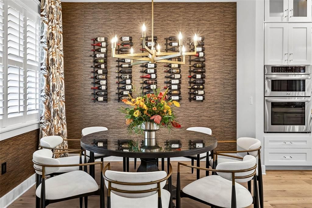 Chandelier, Dining room, Interior, Stone Walls, Wine Storage, Wood Texture Flooring