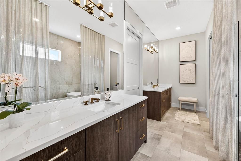 Bathroom, Dual Sink Vanities, Interior, Marble Walls, Recessed Lighting