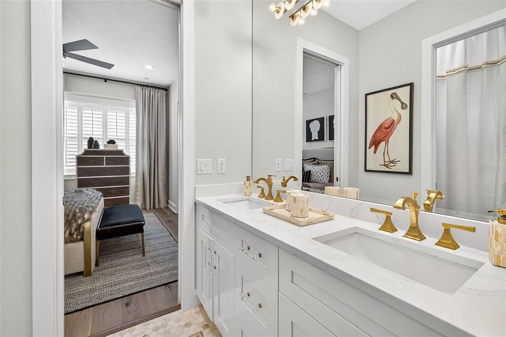 Bathroom, Dual Sink Vanities, Interior, Recessed Lighting, Wood Texture Flooring
