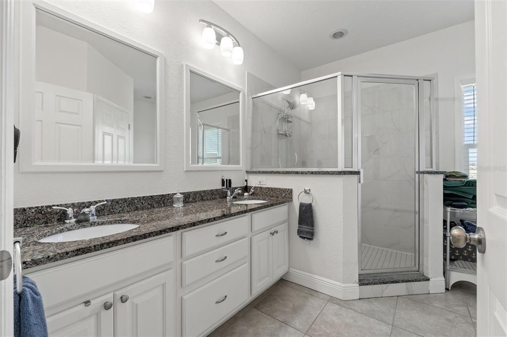 Bathroom, Dual Sink Vanities, Glass Shower, Interior, Marble Walls