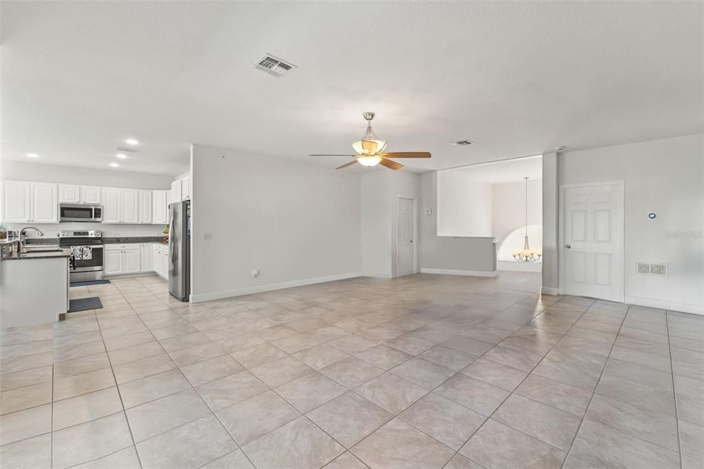 Chandelier, Empty room, Interior, Kitchen, Recessed Lighting, Stainless Steel Appliances
