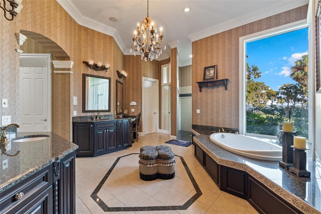 Bathroom, Chandelier, Dual Sink Vanities, Interior, Recessed Lighting