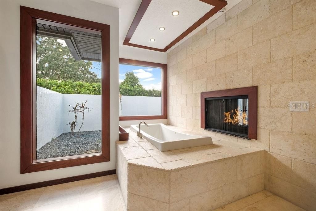 Bathroom, Fireplace, Interior, Recessed Lighting, Stone Walls