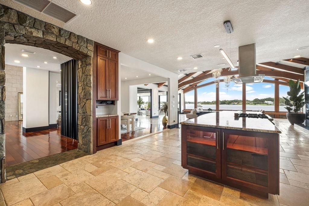 Interior, Kitchen, Pendant Lights, Recessed Lighting, Stone Walls