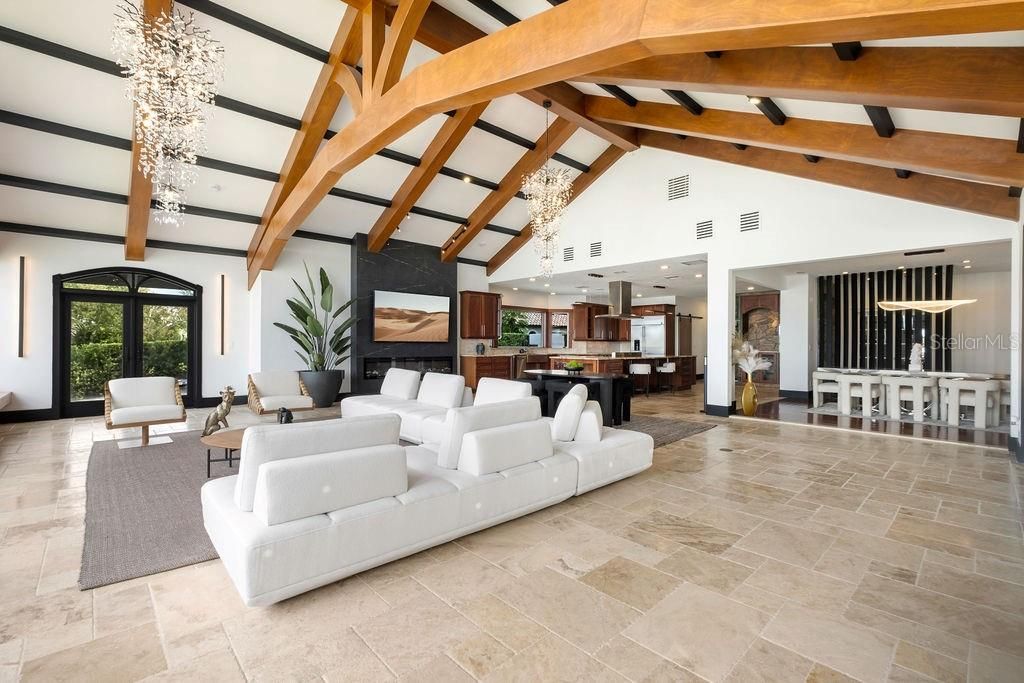 Chandelier, Dining room, Interior, Kitchen, Living room, Pendant Lights, Recessed Lighting, Wooden Beams