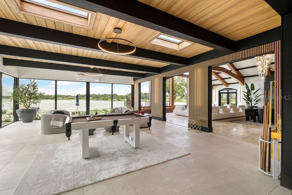 Billiard Table, Game Room, Interior, Pendant Lights, Water, Wooden Ceilings