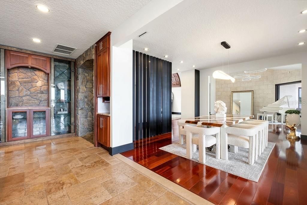Dining room, Interior, Pendant Lights, Recessed Lighting, Stone Walls, Wood Texture Flooring