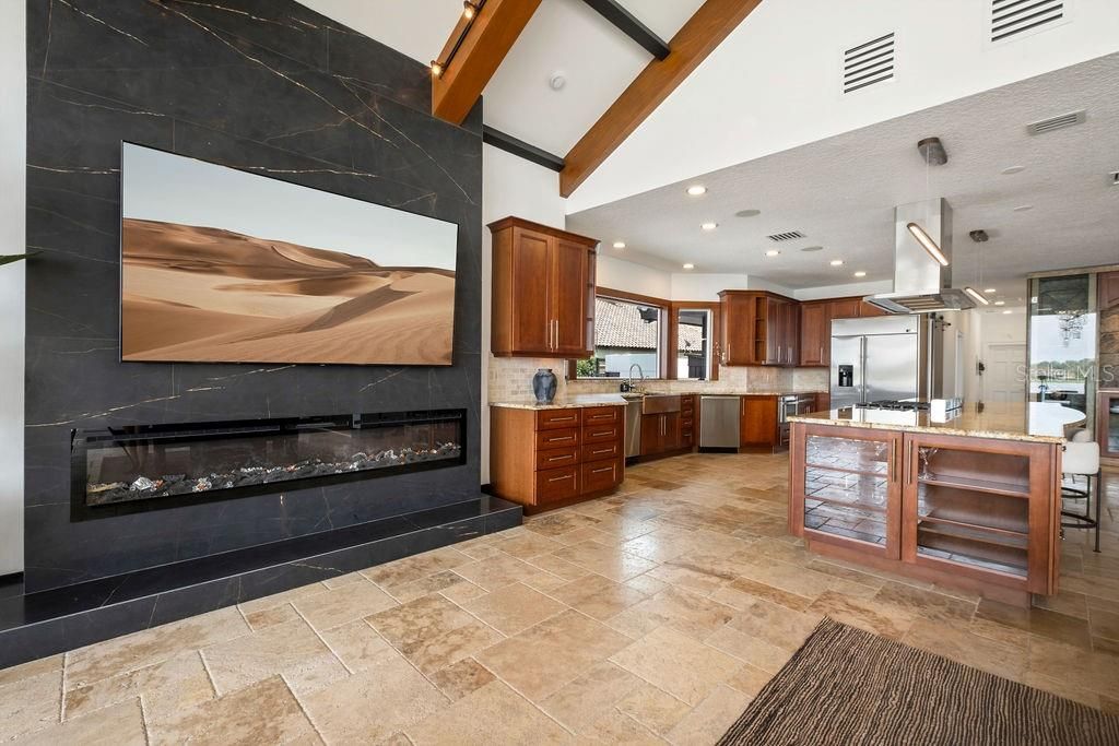 Fireplace, Interior, Kitchen, Pendant Lights, Recessed Lighting, Stainless Steel Appliances, Wooden Beams