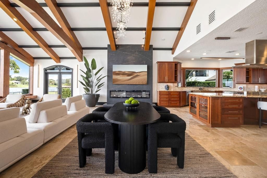 Dining room, Fireplace, Interior, Kitchen, Living room, Pendant Lights, Recessed Lighting, Wooden Beams